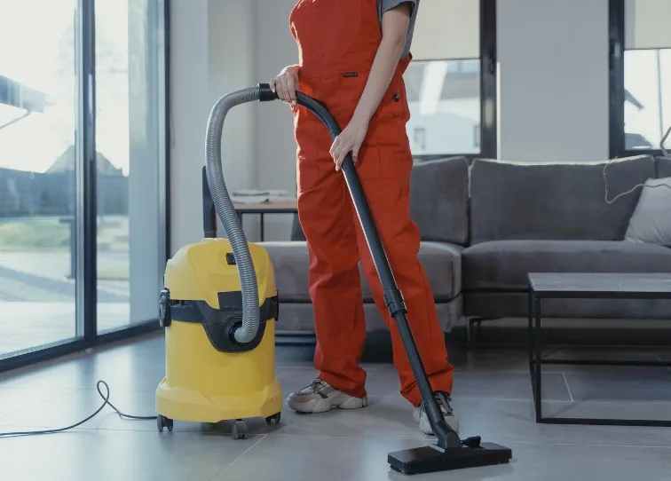 Operario con mono de trabajo aspirando el suelo del salón de un apartamento moderno
