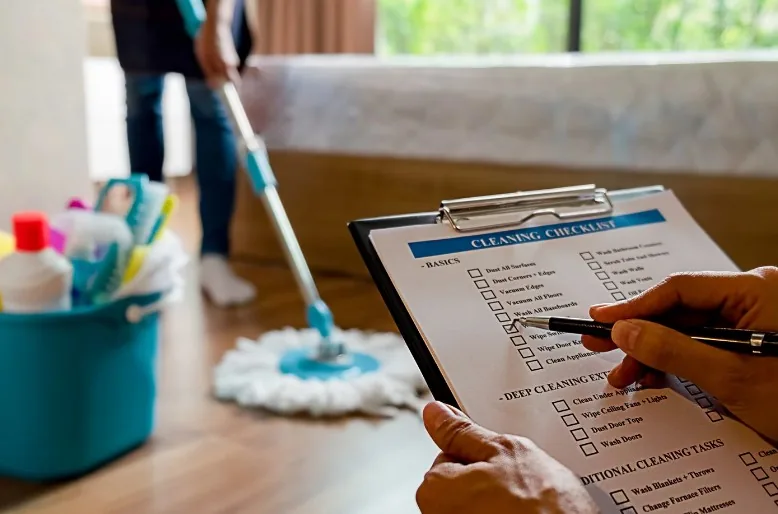 Supervisor repasando el checklist de limpieza mientras una operaria friega el suelo