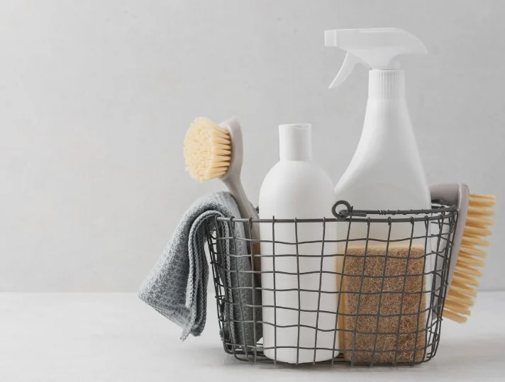 Cesta con útiles y productos de limpieza profesional: cepillo, pulverizador, esponja y bayetas